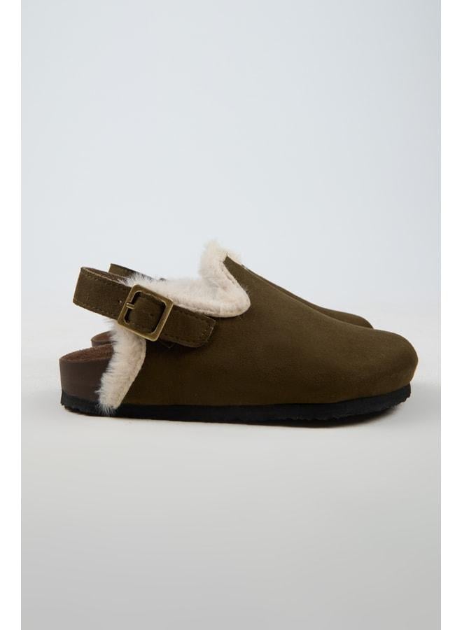 no miento Lapaz Fur Women's Vegan Leather Buckle Khaki Sabo Slipper. - Image 2