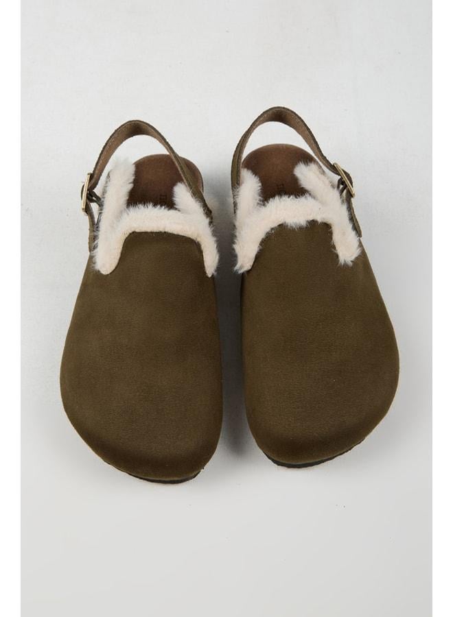 no miento Lapaz Fur Women's Vegan Leather Buckle Khaki Sabo Slipper. - Image 1
