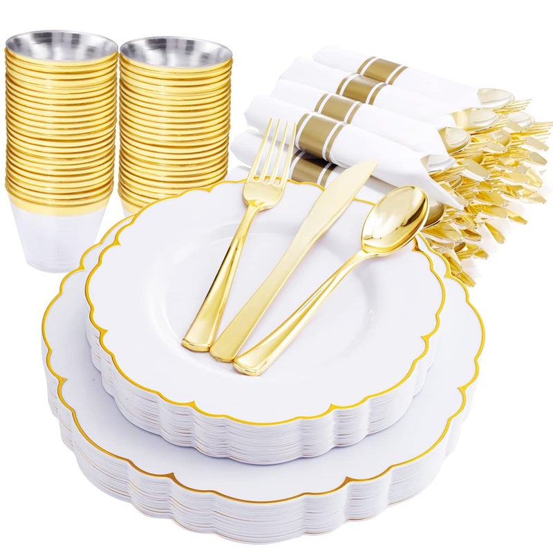 Morejoy 175PCS Gold Plastic PlatesWhite Gold Disposable Plates with Pre Rolled Napkins25 Dinner Plates25 Dessert Plates25 Spoons25 Forks25Knives25Cups25Napkins for Party  Fathers Day