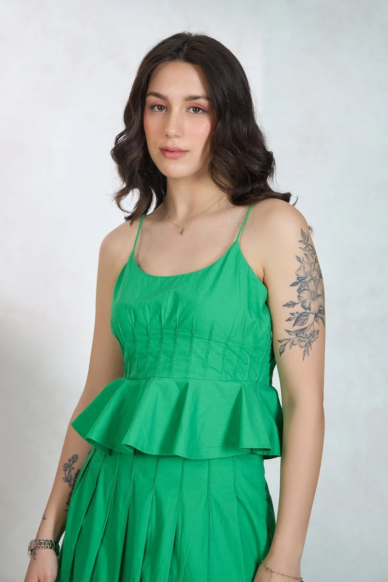 فيرجيو Solid Cotton Peplum Pleated Flared Hem Top for Women