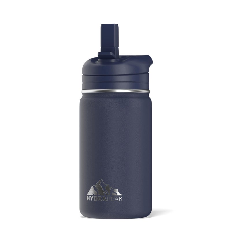 Hydrapeak Mini 14oz Water Bottle with Straw Lid Stainless Steel Double Wall Insulated Water Bottle  LeakProof and SpillProof Water Bottle 24 Hours Cold Navy