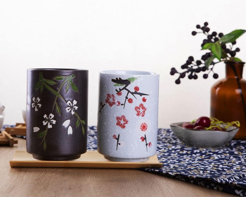 WHJY 10oz Transitional Chinese/Japanese style Handle-less Ceramic Tea cups teacup, Flora Pattern Set of 2 - Image 5
