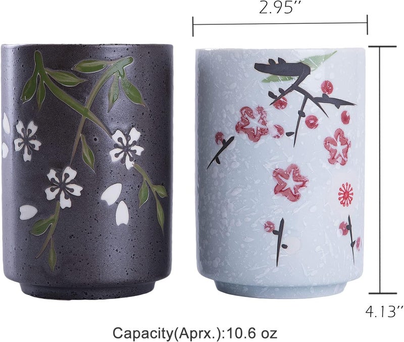 WHJY 10oz Transitional Chinese/Japanese style Handle-less Ceramic Tea cups teacup, Flora Pattern Set of 2 - Image 2