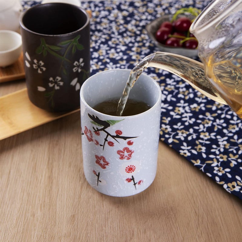 WHJY 10oz Transitional Chinese/Japanese style Handle-less Ceramic Tea cups teacup, Flora Pattern Set of 2 - Image 3