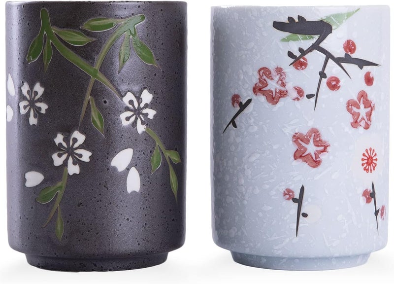 WHJY 10oz Transitional Chinese/Japanese style Handle-less Ceramic Tea cups teacup, Flora Pattern Set of 2 - Image 1