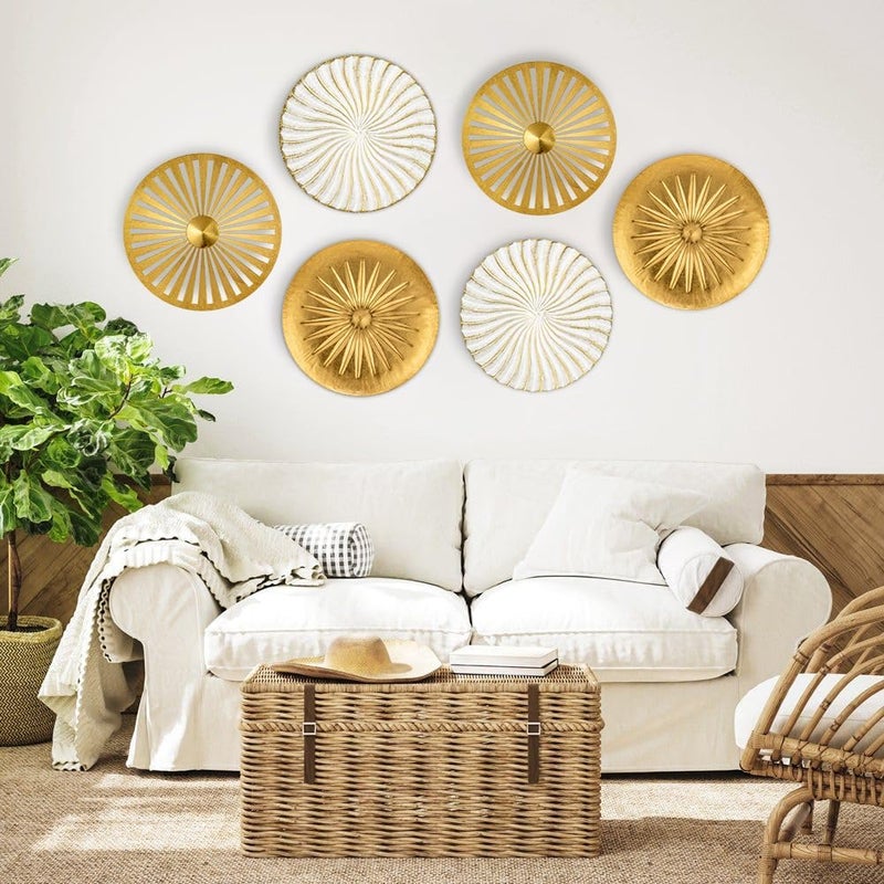 Briful Classic modern blend design 12" Wall Décor Pack of 3 Metal Gold & White Washed Starbursts Radial Plate Wall Art Modern Accent Hanging Wall Decorations For Home Office Bedroom Or Living Room Wall Sculptures Ready post purchase fulfill - Image 3