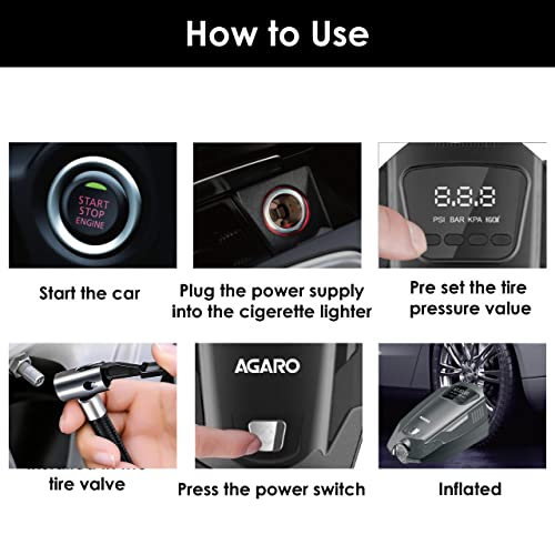 AGARO Primo High Power Digital Tyre Inflator for Car, Air Inflator Car Accessories, 120 Watt Air Pump with 12V Plug, Upto 150 Psi, Emergency LED Light, Compact & Portable Air Compressor - Image 5