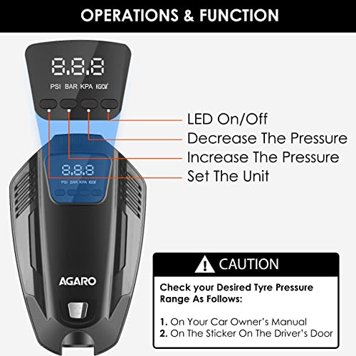 AGARO Primo High Power Digital Tyre Inflator for Car, Air Inflator Car Accessories, 120 Watt Air Pump with 12V Plug, Upto 150 Psi, Emergency LED Light, Compact & Portable Air Compressor - Image 4