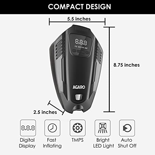 AGARO Primo High Power Digital Tyre Inflator for Car, Air Inflator Car Accessories, 120 Watt Air Pump with 12V Plug, Upto 150 Psi, Emergency LED Light, Compact & Portable Air Compressor - Image 2