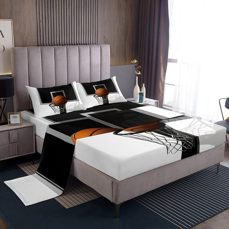 Erosebridal Boys 3D Basketball Sheet Set Kids Teens Basketball Gaming Twin Sheets Black White Basketball Court Bed Sheets Sport Fitted Sheet 3pcs Microfiber Breathable Flat Sheet - Image 2