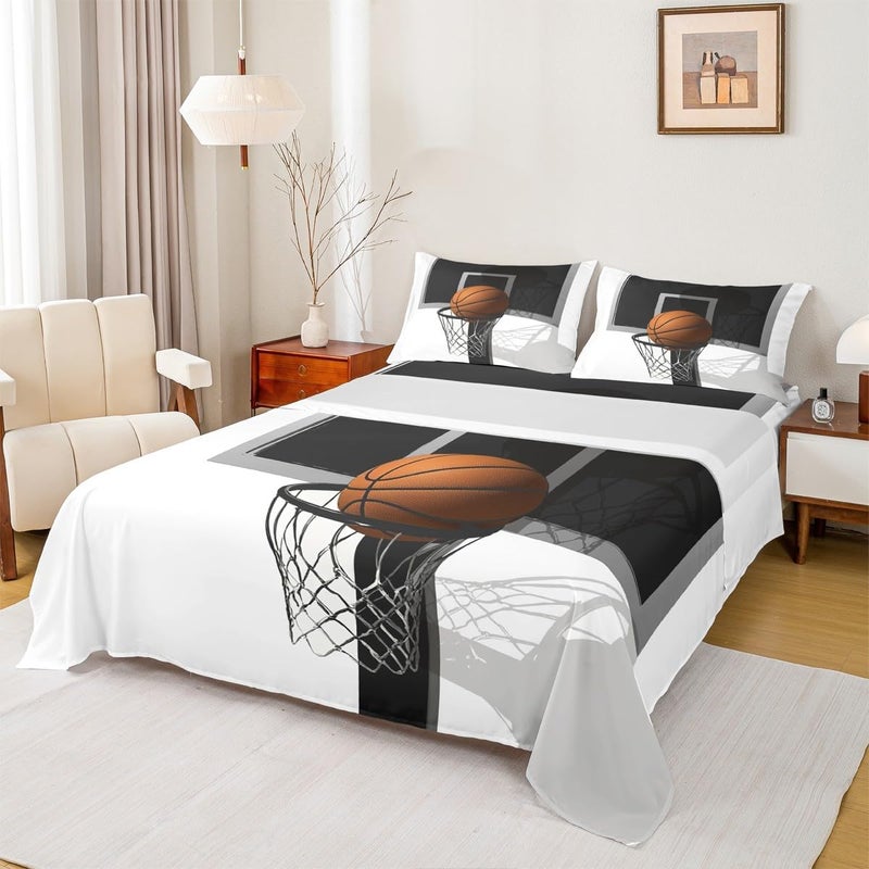 Erosebridal Boys 3D Basketball Sheet Set Kids Teens Basketball Gaming Twin Sheets Black White Basketball Court Bed Sheets Sport Fitted Sheet 3pcs Microfiber Breathable Flat Sheet - Image 1