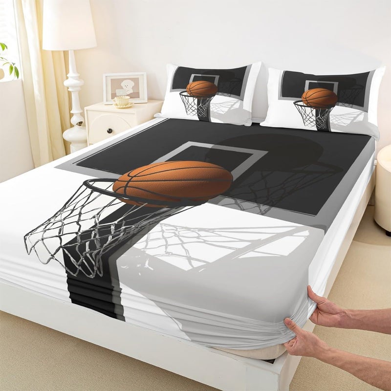 Erosebridal Boys 3D Basketball Sheet Set Kids Teens Basketball Gaming Twin Sheets Black White Basketball Court Bed Sheets Sport Fitted Sheet 3pcs Microfiber Breathable Flat Sheet - Image 4