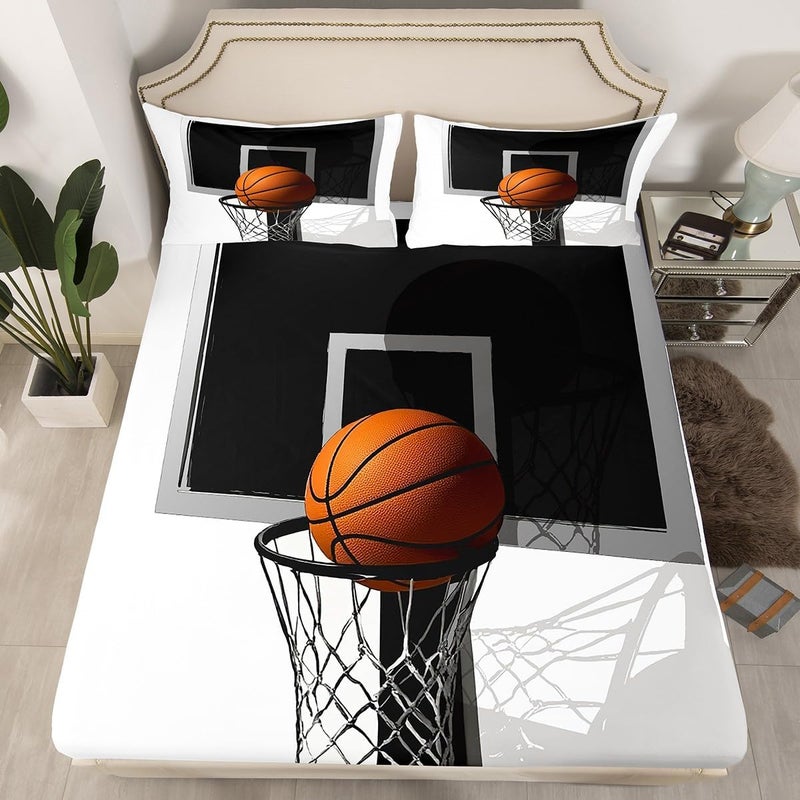 Erosebridal Boys 3D Basketball Sheet Set Kids Teens Basketball Gaming Twin Sheets Black White Basketball Court Bed Sheets Sport Fitted Sheet 3pcs Microfiber Breathable Flat Sheet - Image 3