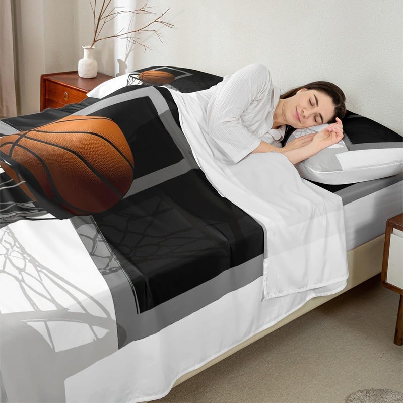 Erosebridal Boys 3D Basketball Sheet Set Kids Teens Basketball Gaming Twin Sheets Black White Basketball Court Bed Sheets Sport Fitted Sheet 3pcs Microfiber Breathable Flat Sheet - Image 5
