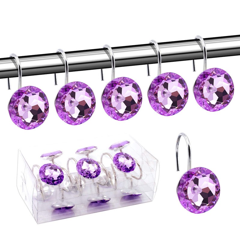 BEAVO Acrylic Fashion Decorative Home Rolling Purple Shower Curtain Hooks Rhinestones Bathroom Bath Baby Room Bedroom Living Room Decor Set of 12 Rings Purple
