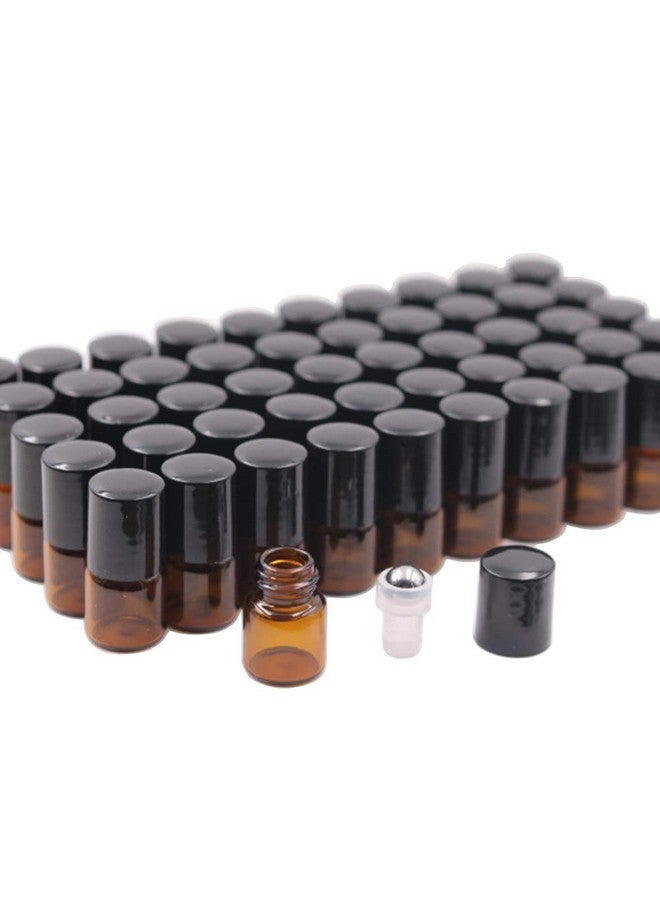 USRommaner 50 Pack 1Ml Amber Glass Vials Roll On Bottle,Glass Roller Bottle With Stainless Steel Roller Ball,Black Cap Lid-Perfect Sample For Essential Oils,Aromatherapy,No Leak,Free Opener&Dropper - Image 1