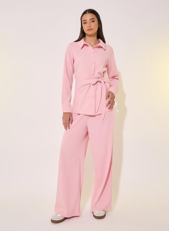 Take Two Solid Wrap Buttoned Top with Tie-Up and Pants Co-Ords  - Image 1