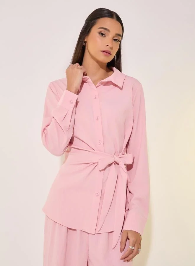 Take Two Solid Wrap Buttoned Top with Tie-Up and Pants Co-Ords