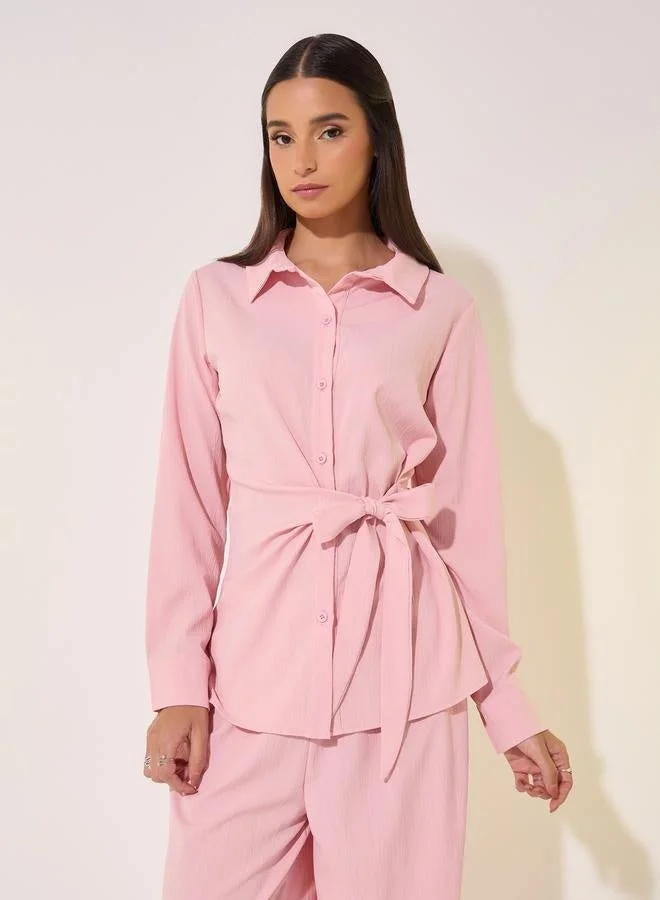 Take Two Solid Wrap Buttoned Top with Tie-Up and Pants Co-Ords