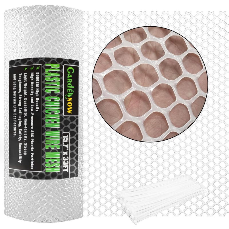 Upgraded 157IN x 33FT ABS Plastic Chicken White Wire Fence Mesh Poultry Fencing Hexagonal Fencing Wire for Gardening Construction Barrier Netting Chicken Wire Frame Crafts Floral Netting