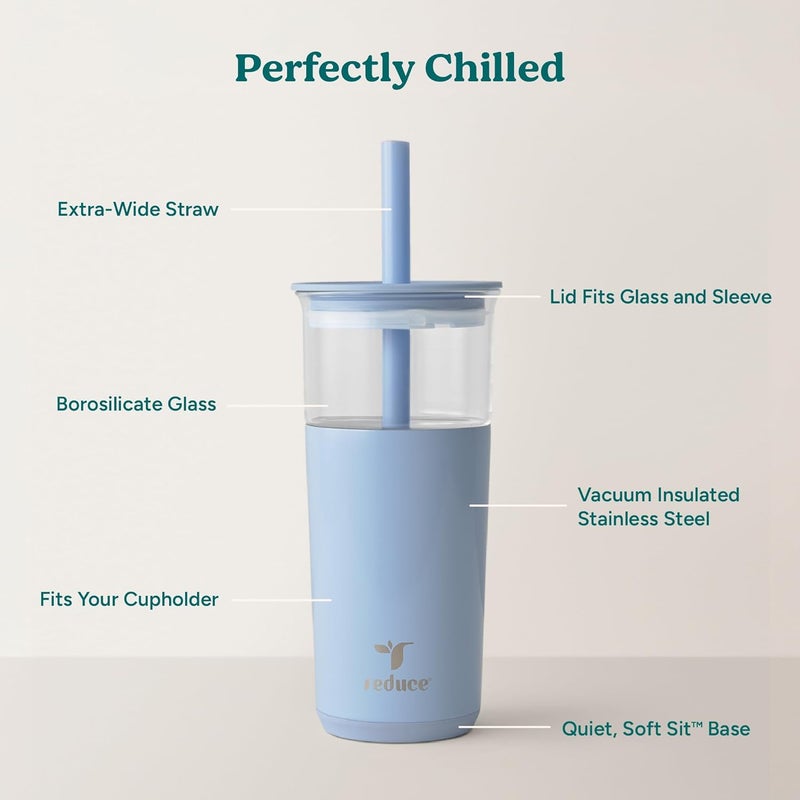Reduce Aspen 20 oz Vacuum Insulated Glass Tumbler with Lid & Extra Wide Straw - Keeps Drinks Cold for 12 Hrs - Ideal for Iced Coffee, Smoothies & Boba - Dishwasher Safe, Soft Base - Glacier - Image 2