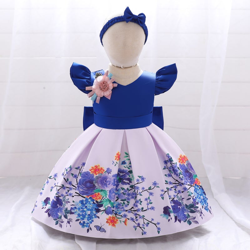 Cross-border Girls Dress Bow Printed Holiday Dress Birthday Banquet Girls One-year-old Puffy Dress L2033XZ-color blue