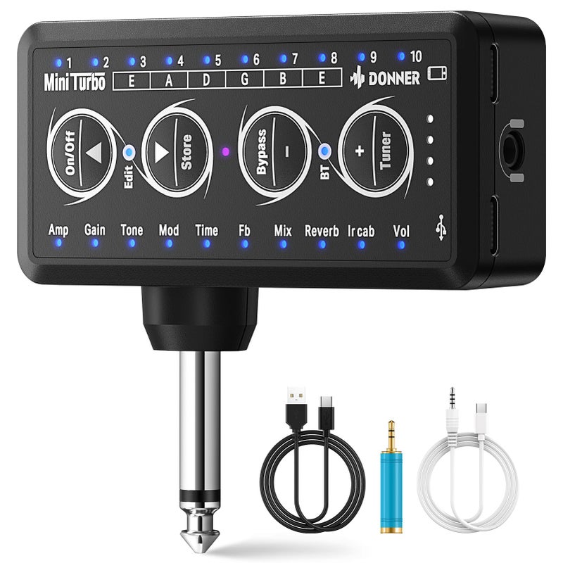 Donner Guitar Headphone Amp Mini Turbo with 10 Amp Models Tuner USB Rechargeable Multi-Effects Delay Reverb Chorus Overdrive Mini Portable Electric Guitar Amp - Image 1