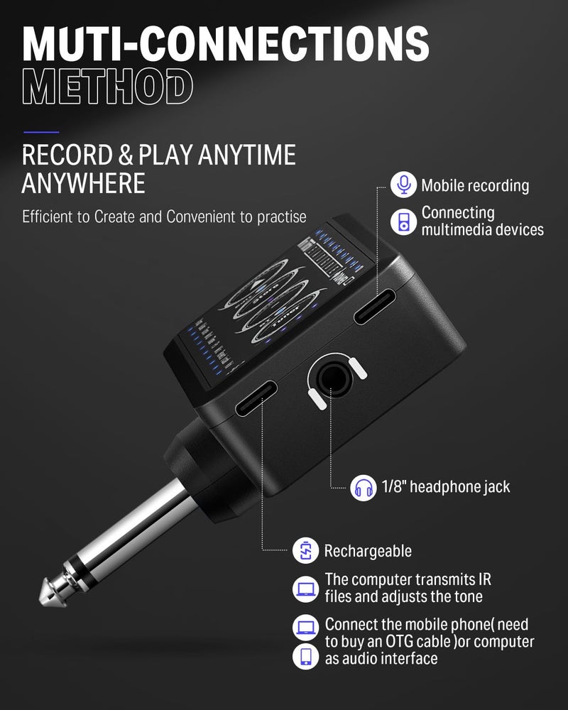 Donner Guitar Headphone Amp Mini Turbo with 10 Amp Models Tuner USB Rechargeable Multi-Effects Delay Reverb Chorus Overdrive Mini Portable Electric Guitar Amp - Image 4