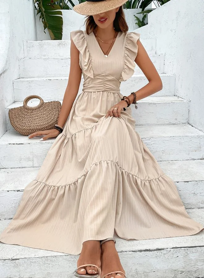 تايك تو Beige Ruffle Sleeve Tiered Maxi Dress