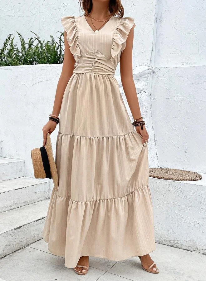 تايك تو Beige Ruffle Sleeve Tiered Maxi Dress