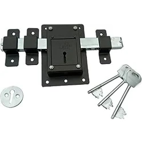 Hindson 10 Chal Iron Gate Lock | Heavy Duty 8 Lever Door Lock with 3 Keys | Double Side Operated Main Gate Lock for Home & Office | Strong Metal Body (Black Finish) - Image 1