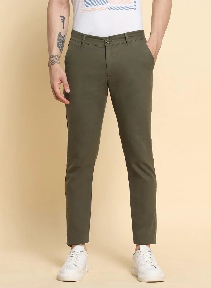 Dennis Lingo Men's Olive 100% Cotton Solid Pattern Full Length Slim Fit Trouser