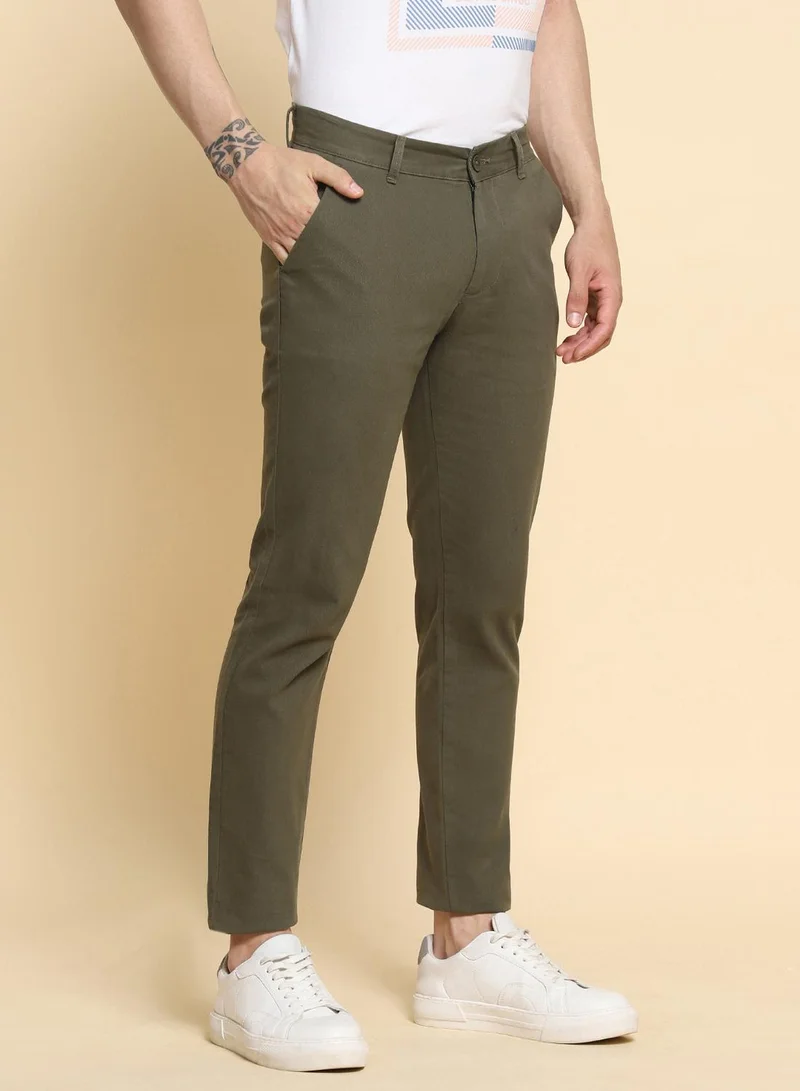 Dennis Lingo Men's Olive 100% Cotton Solid Pattern Full Length Slim Fit Trouser