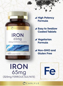 CARLYLE Iron Ferrous Sulfate 365mg, 65 mg | 400 Tablets | Non-GMO, Gluten Free, and Vegetarian Supplement | High Potency  - Image 4