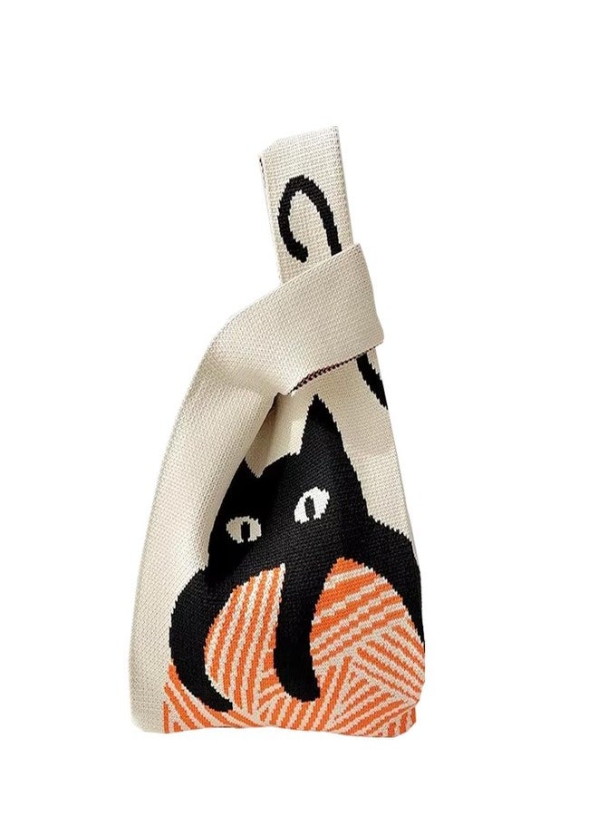 Amzgear Handmade Crochet Wrist Handbag for Women | Knitted Wristlet Purse, Lightweight Foldable Mini Tote | Stylish Cute Small Pouch for Travel, Shopping & Daily Use (Black Cat) - Image 1