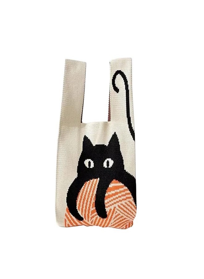 Amzgear Handmade Crochet Wrist Handbag for Women | Knitted Wristlet Purse, Lightweight Foldable Mini Tote | Stylish Cute Small Pouch for Travel, Shopping & Daily Use (Black Cat) - Image 3