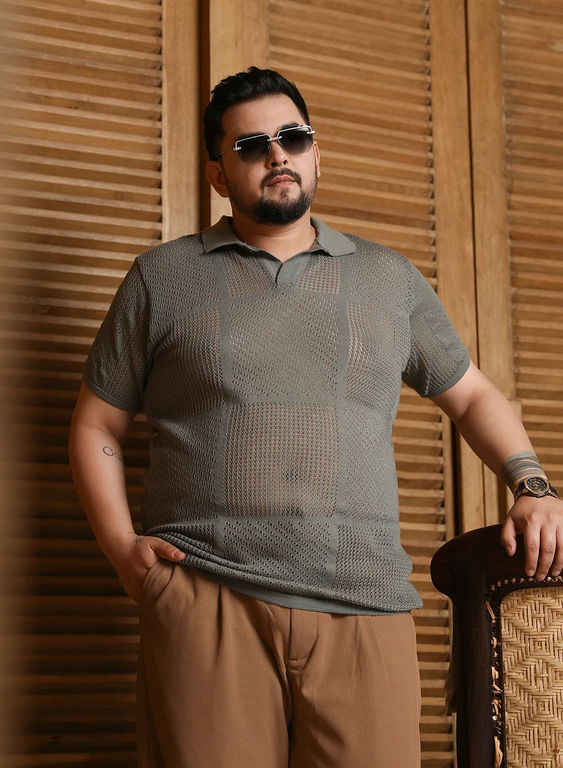 انستافاب بلس Instafab Plus Men's Olive Green Graph-Textured Polo T-Shirt For Casual Wear | Polo Neck | Short Cuffed Sleeves | Pull On Closure | Plus Size T-shirt Crafted With Comfort Fit For Everyday Wear