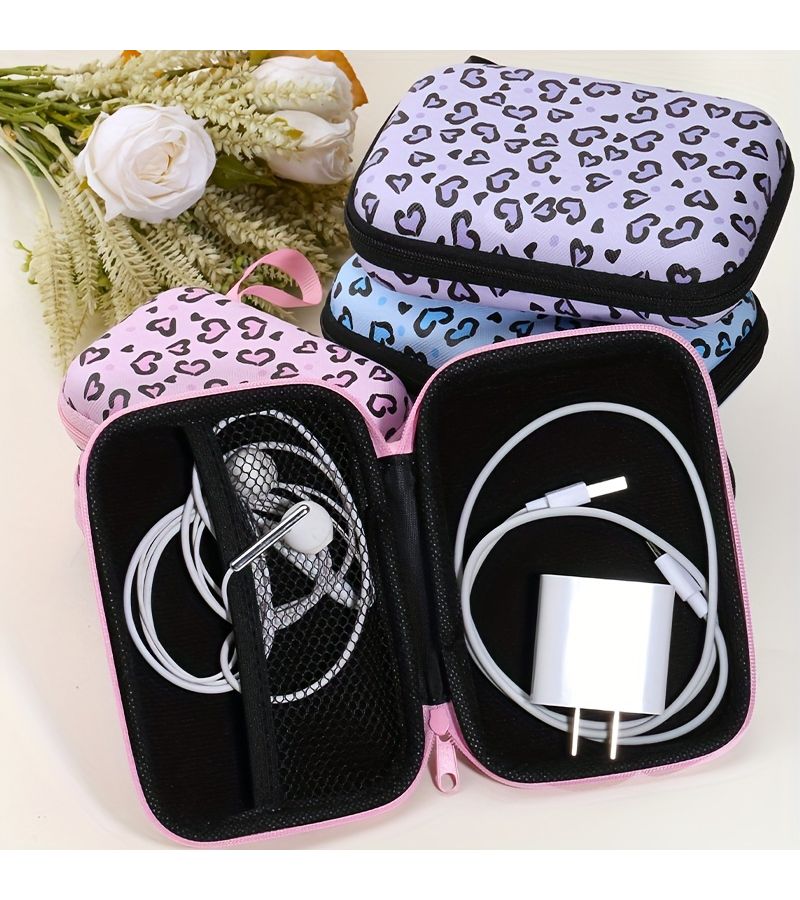 Sweet Cool Leopard Print Light Pink Organizer Bag Portable Pouch For Earphones Cables And Chargers Protective Case For External Hard Drives USB Drives Anti Drop Travel Storage Bag For Small Accessories - Image 5
