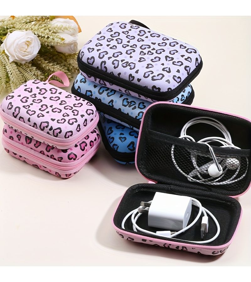 Sweet Cool Leopard Print Light Pink Organizer Bag Portable Pouch For Earphones Cables And Chargers Protective Case For External Hard Drives USB Drives Anti Drop Travel Storage Bag For Small Accessories - Image 1