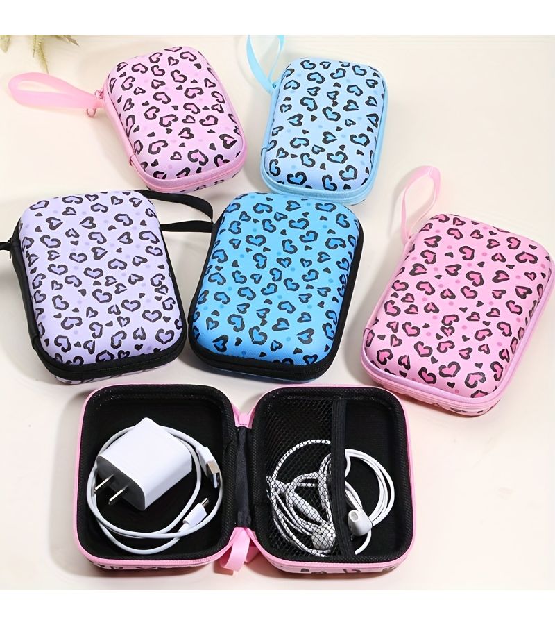 Sweet Cool Leopard Print Light Pink Organizer Bag Portable Pouch For Earphones Cables And Chargers Protective Case For External Hard Drives USB Drives Anti Drop Travel Storage Bag For Small Accessories - Image 2