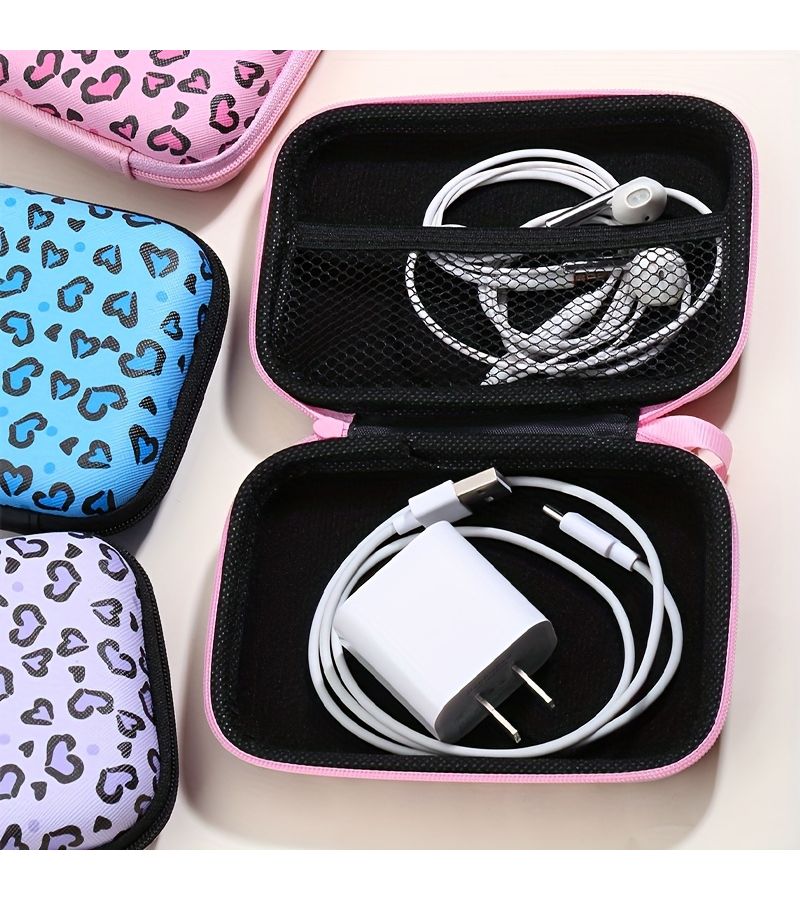 Sweet Cool Leopard Print Light Pink Organizer Bag Portable Pouch For Earphones Cables And Chargers Protective Case For External Hard Drives USB Drives Anti Drop Travel Storage Bag For Small Accessories - Image 3