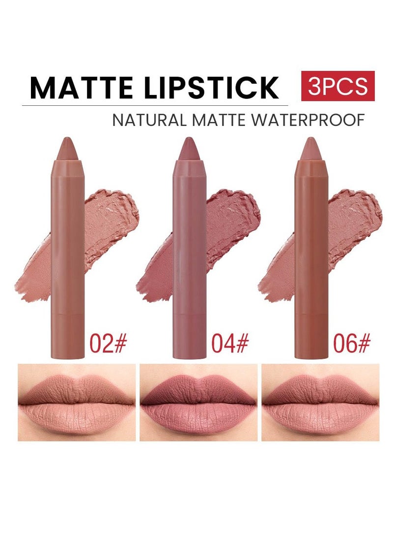 3 Colors Matt Nude Lipstick Lipliner Lip Crayons Pack Set, Velvet Moisture Smooth Matte Lipstick Pencils, Waterproof&Waterlasting, #02#04#06