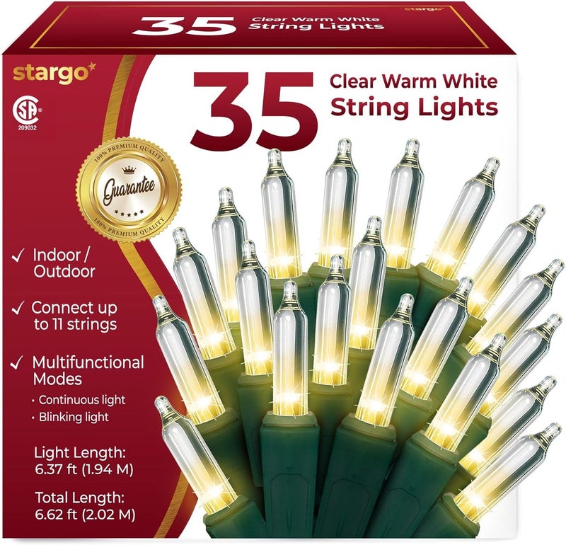 stargo Clear Warm White Christmas Tree Lights - 6.3 ft String of 35 Incandescent Mini Bulbs Multifunctional Lighting Modes, for Decorative, Bedroom, Outdoor, Xmas Twinkle Lights with Green Wire Total 6.6 ft - Image 1
