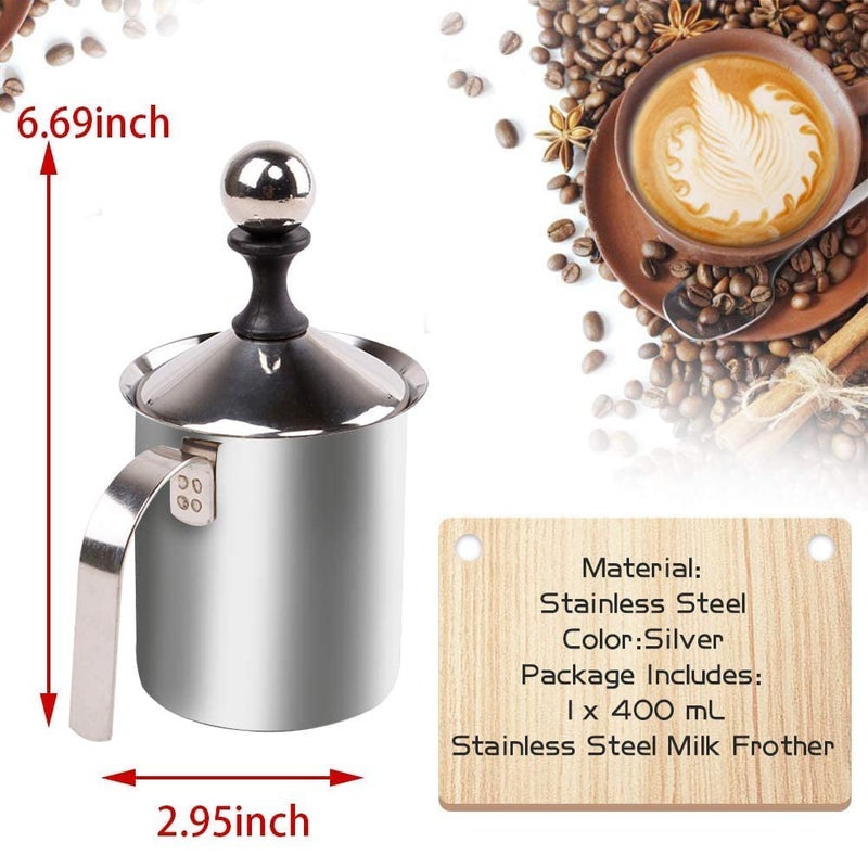 FEBLICH Milk Creamer Foamer Stainless Steel Milk Frother Manual Milk Frother Handheld Coffee Milk Frothing Pitchers Manual Operated Milk Foam Maker for Cappuccino Coffee Latte Hot Chocolate - Image 2