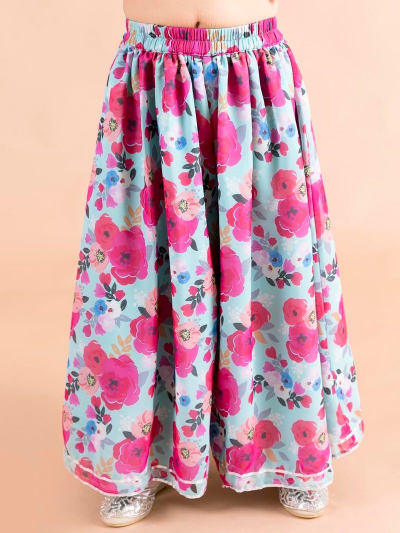 Pspeaches Girls Blue Floral Printed Angrakha Gotta Patti Pure Cotton Kurti With Sharara With Dupatta (Blue-10-12Y) - Image 3