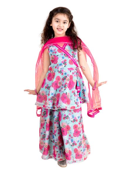 Pspeaches Girls Blue Floral Printed Angrakha Gotta Patti Pure Cotton Kurti With Sharara With Dupatta (Blue-10-12Y) - Image 4