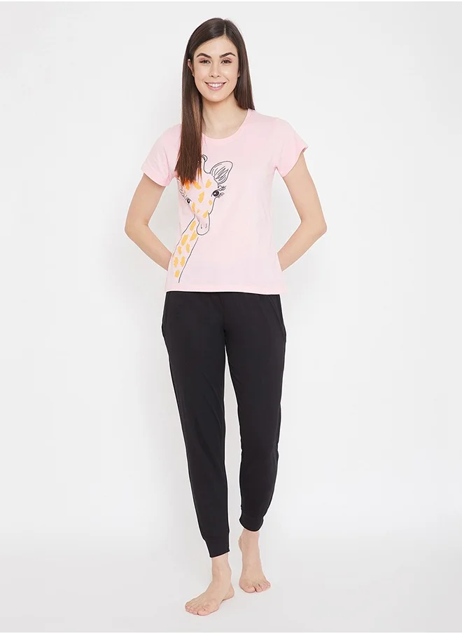 كلوفيا Clovia Giraffe Print Top in Peach-Pink & Solid Pyjama in Black - 100% Cotton