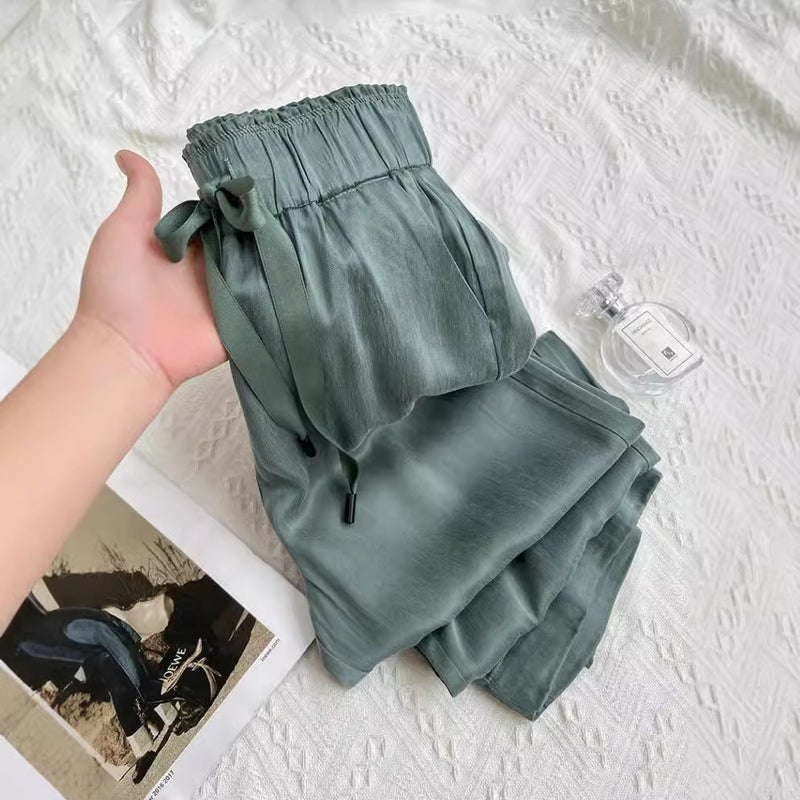Plus Size Acetic Acid Satin Dosing Bow Wide Leg Pants Women'S Autumn High Waist Slimming Pear-Shaped Figure Straight Long Pants - Image 2