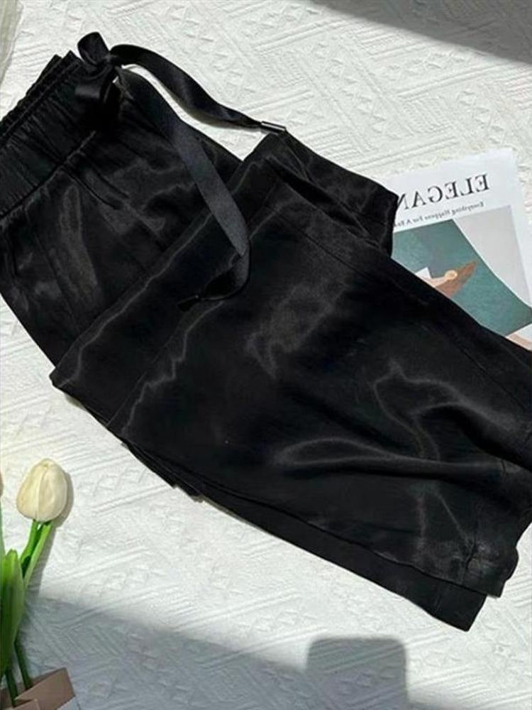 Plus Size Acetic Acid Satin Dosing Bow Wide Leg Pants Women'S Autumn High Waist Slimming Pear-Shaped Figure Straight Long Pants - Image 1