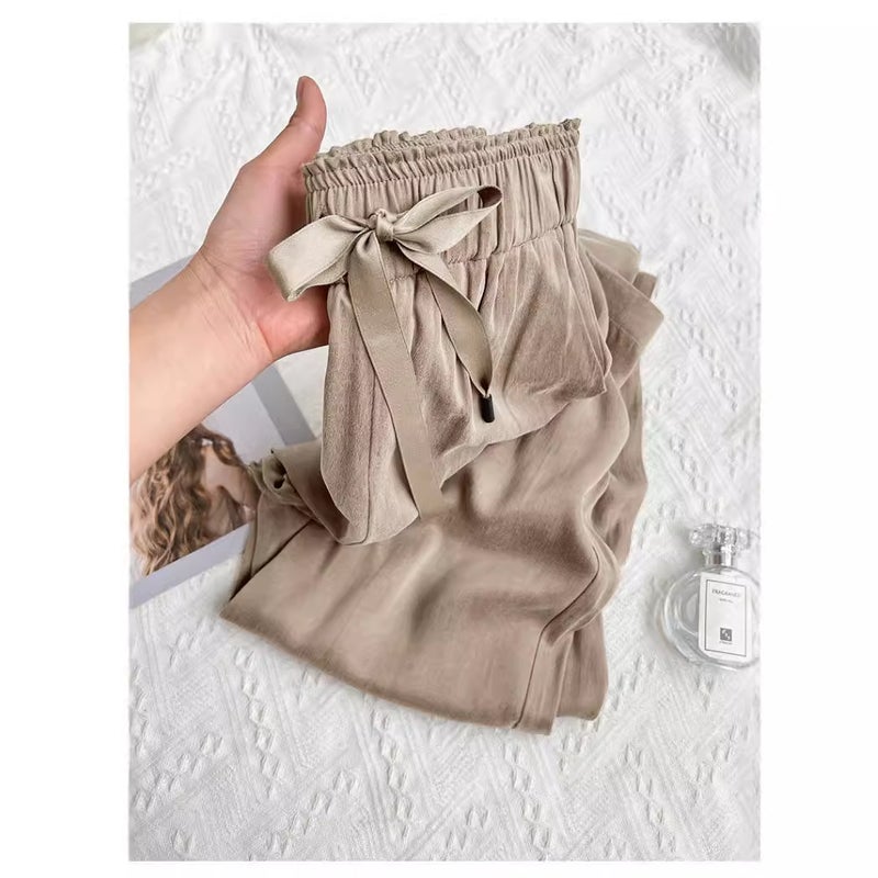 Plus Size Acetic Acid Satin Dosing Bow Wide Leg Pants Women'S Autumn High Waist Slimming Pear-Shaped Figure Straight Long Pants - Image 3